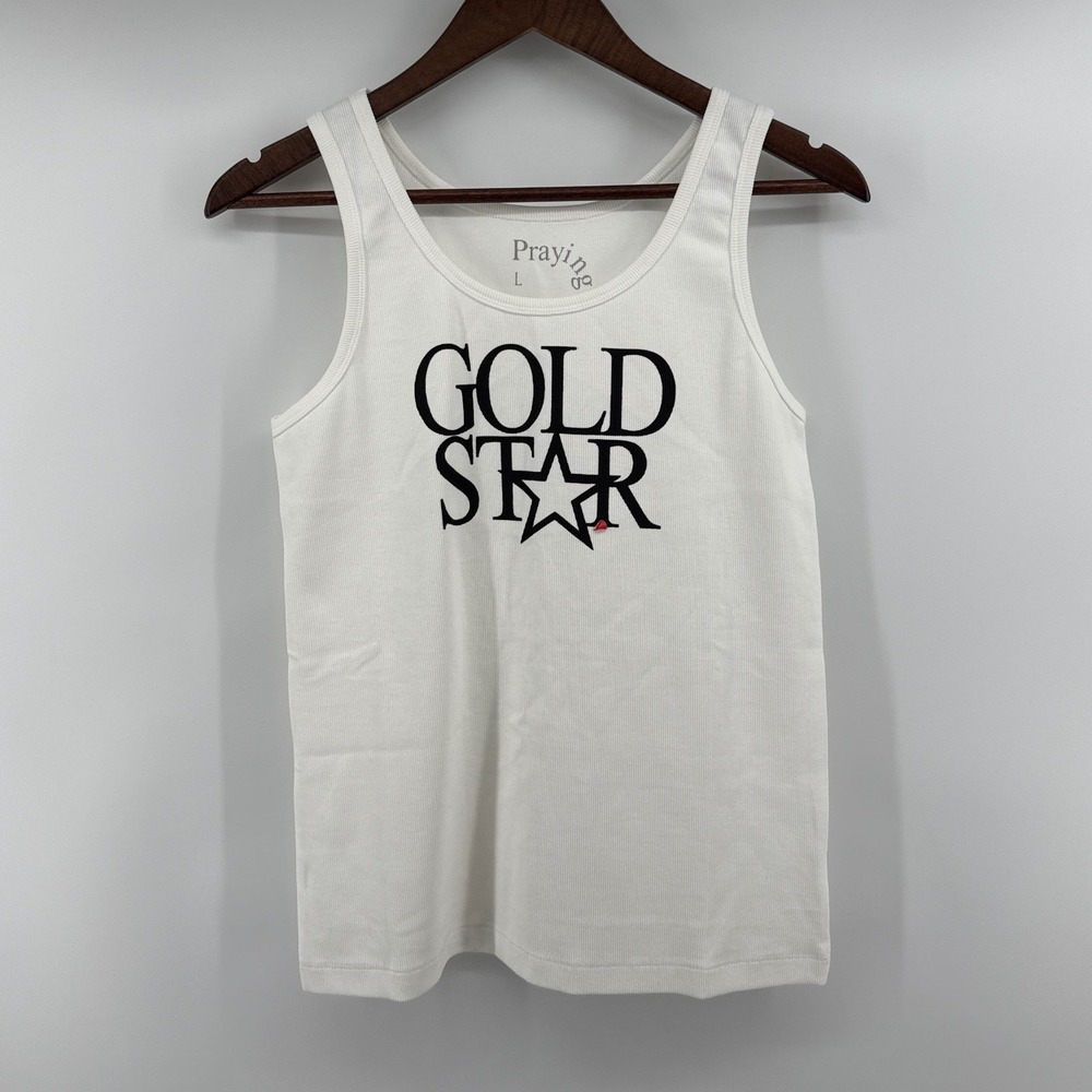 Praying Gold Star White Ribbed Graphic Tank Top Womens Large Streetwear Y2K NEW